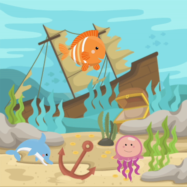 A student project featuring an animated gif of an underwater scene with dolphin, fish, and jellyfish characters in front of a shipwreck