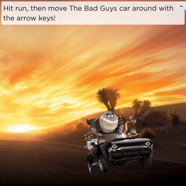 A sample project showing an animated gif featuring characters from the film The Bad Guys driving on a desert road during sunset