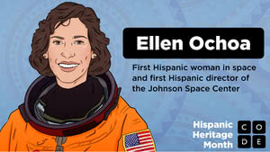 Downloadable PDF poster featuring Ellen Ochoa who is the first Hispanic woman in space
