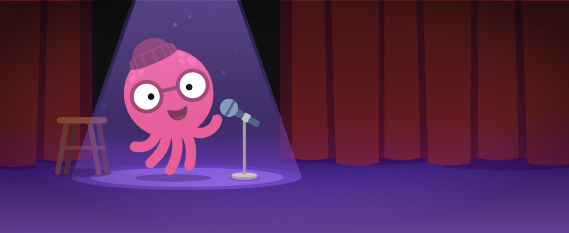 A cute pink octopus character wearing a purple beanie hat performing a poem under a spotlight on a stage with a stool and microphone