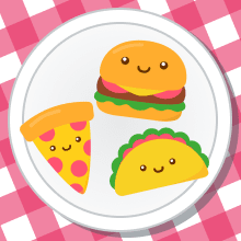 Three smiling pizza, cheeseburger, and taco characters on a plate