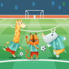 Three giraffe, tiger, and rhino characters on a field about to start a game of soccer