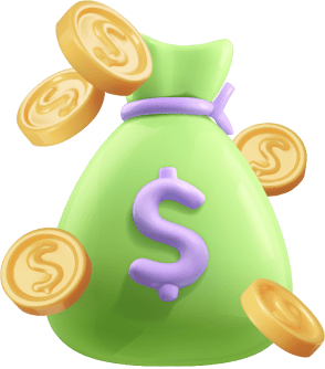 Icon of a green bag with a purple dollar sign on it surrounded by gold coins